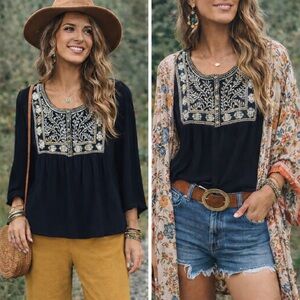 In Bloom Black Embellished 3/4 Sleeve Blouse